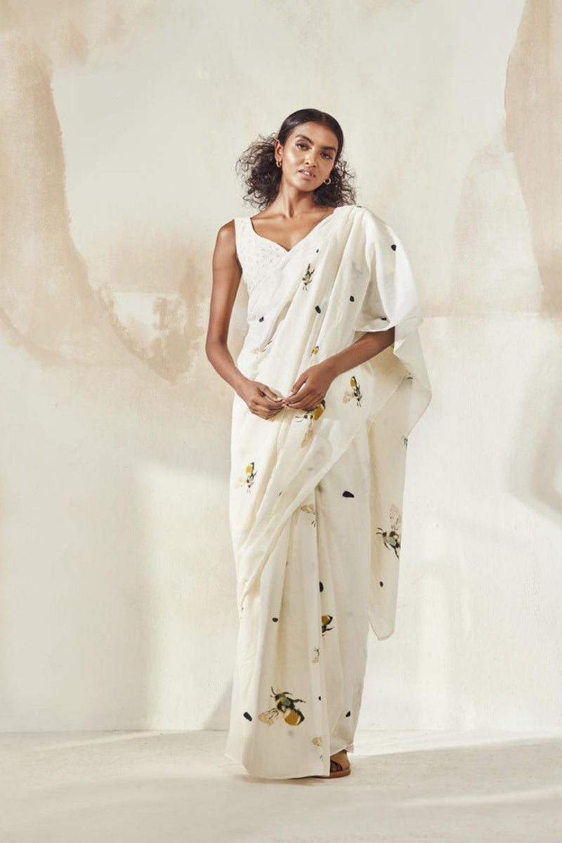 Busy Bee Saree Sarees by Khara Kapas in white for women in Singapore