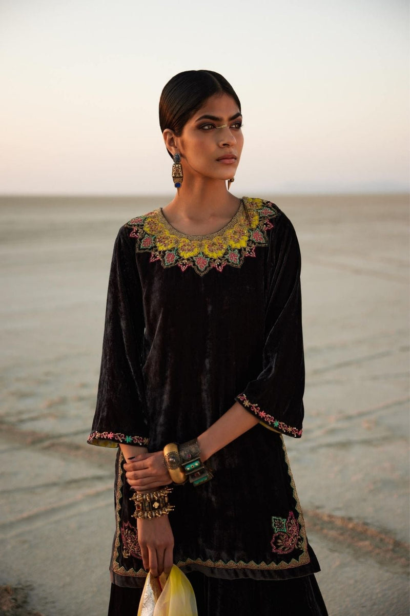 CHARCOAL BLACK SILK VELVET GHARARA SET Kurta Sets by Rajiramniq in black color for women in Singapore