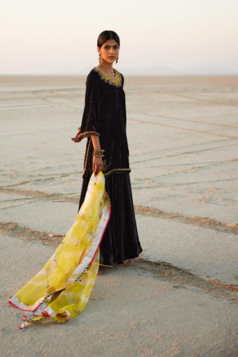 CHARCOAL BLACK SILK VELVET GHARARA SET Kurta Sets by Rajiramniq in black color for women in Singapore