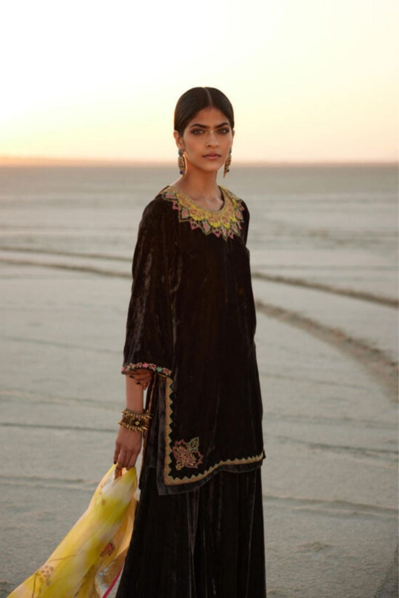 CHARCOAL BLACK SILK VELVET GHARARA SET Kurta Sets by Rajiramniq in black color for women in Singapore