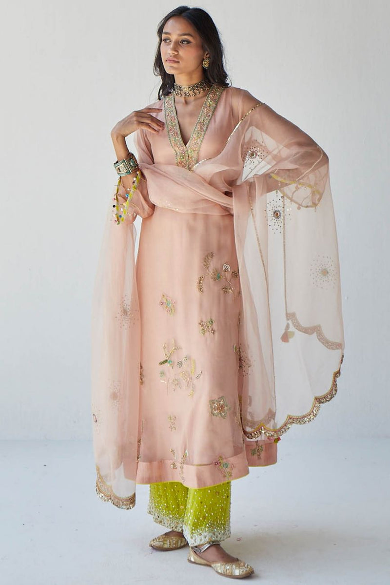 NUDE PINK JAAL ORGANZA KURTA SET Kurta Sets by Rajiramniq for women in Singapore