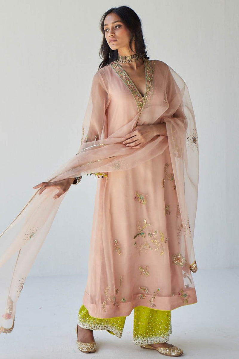 NUDE PINK JAAL ORGANZA KURTA SET Kurta Sets by Rajiramniq for women in Singapore