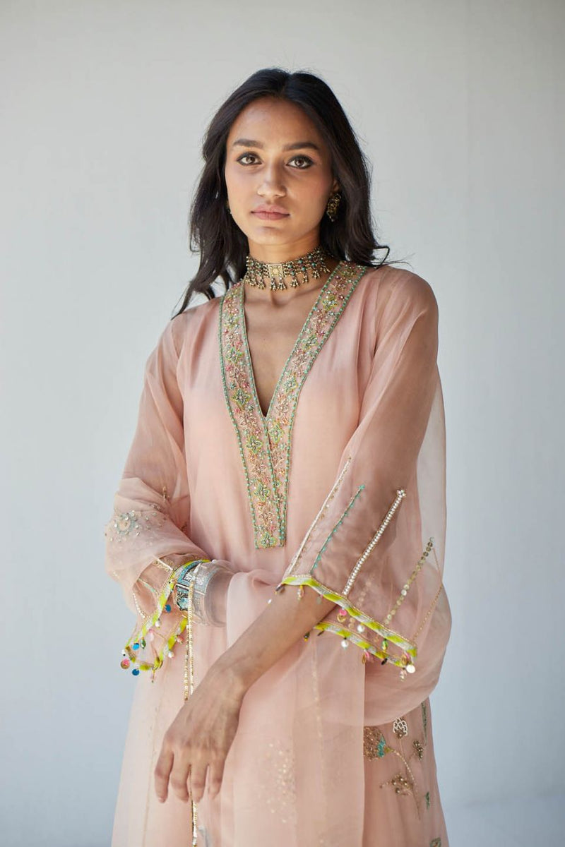 NUDE PINK JAAL ORGANZA KURTA SET Kurta Sets by Rajiramniq for women in Singapore
