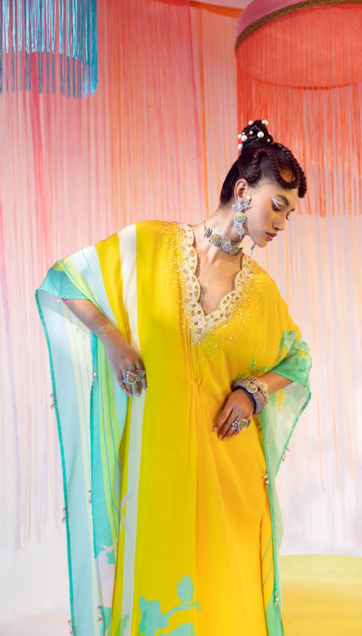 YELLOW PEARL KAFTAN Indo-Western Wear by Rajiramniq for women in Singapore