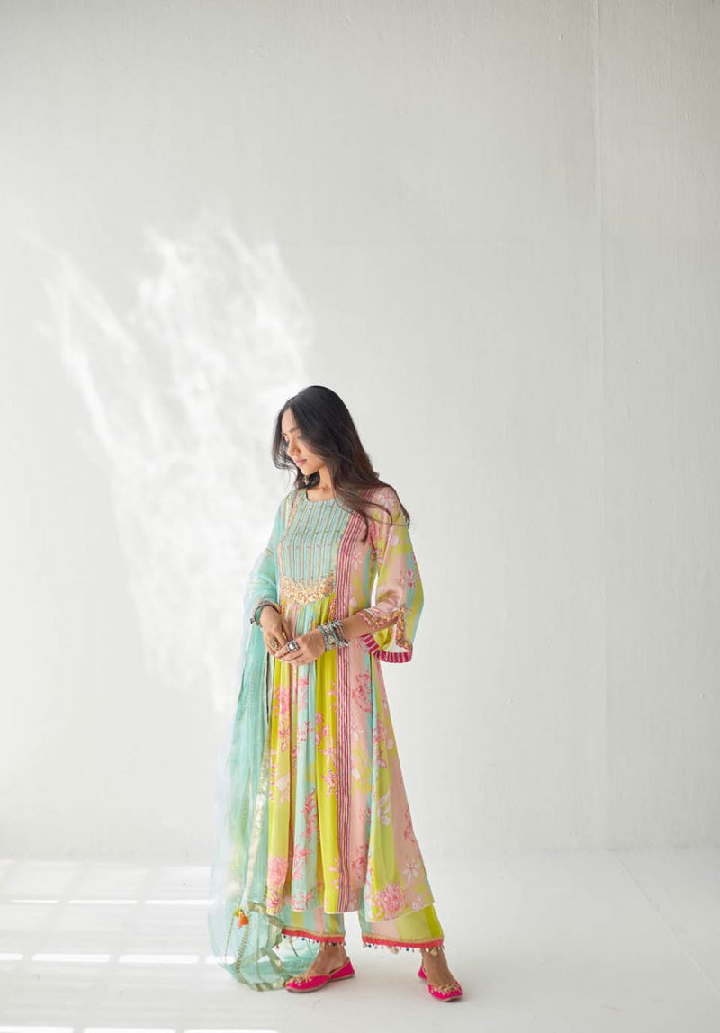 LIME YELLOW ORCHID FRONT PUCKERING YOKE KURTA SET Kurta Sets by Rajiramniq for women in Singapore