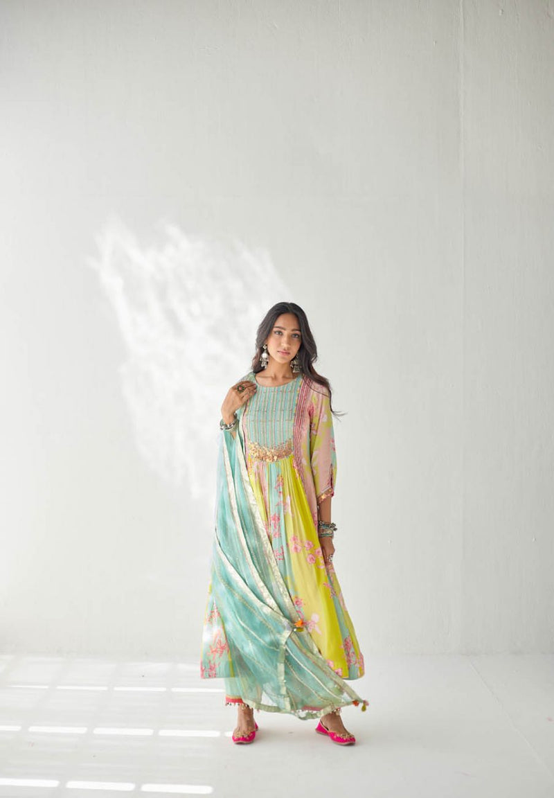 LIME YELLOW ORCHID FRONT PUCKERING YOKE KURTA SET Kurta Sets by Rajiramniq for women in Singapore