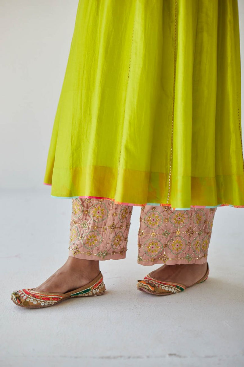 BRIGHT GREEN SIDE KALI KURTA SET Kurta Sets by Rajiramniq for women in Singapore