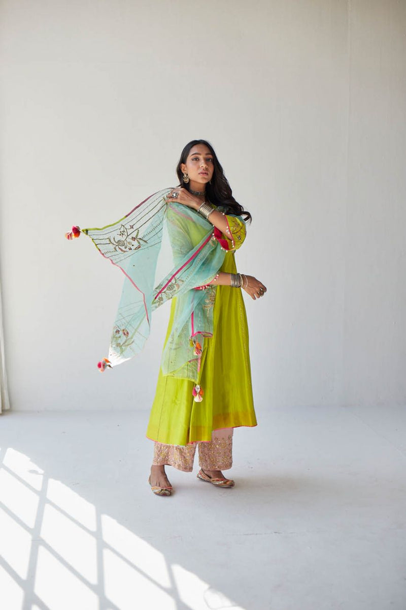 BRIGHT GREEN SIDE KALI KURTA SET Kurta Sets by Rajiramniq for women in Singapore