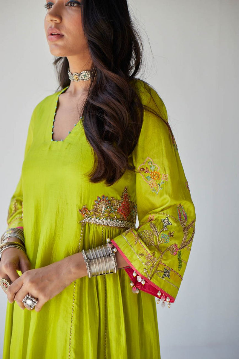 BRIGHT GREEN SIDE KALI KURTA SET Kurta Sets by Rajiramniq for women in Singapore