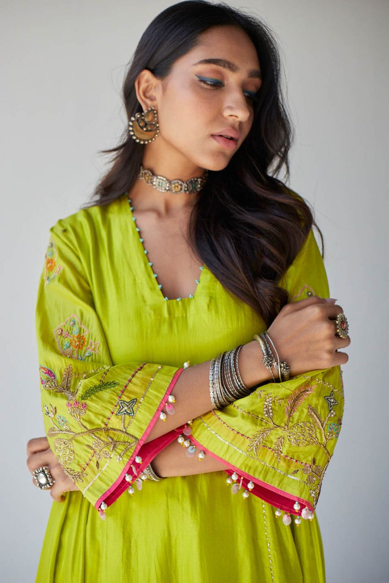 BRIGHT GREEN SIDE KALI KURTA SET Kurta Sets by Rajiramniq for women in Singapore