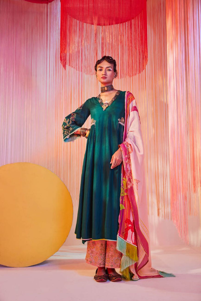 TEAL GREEN SIDE KALI KURTA SET Kurta Sets by Rajiramniq for women in Singapore