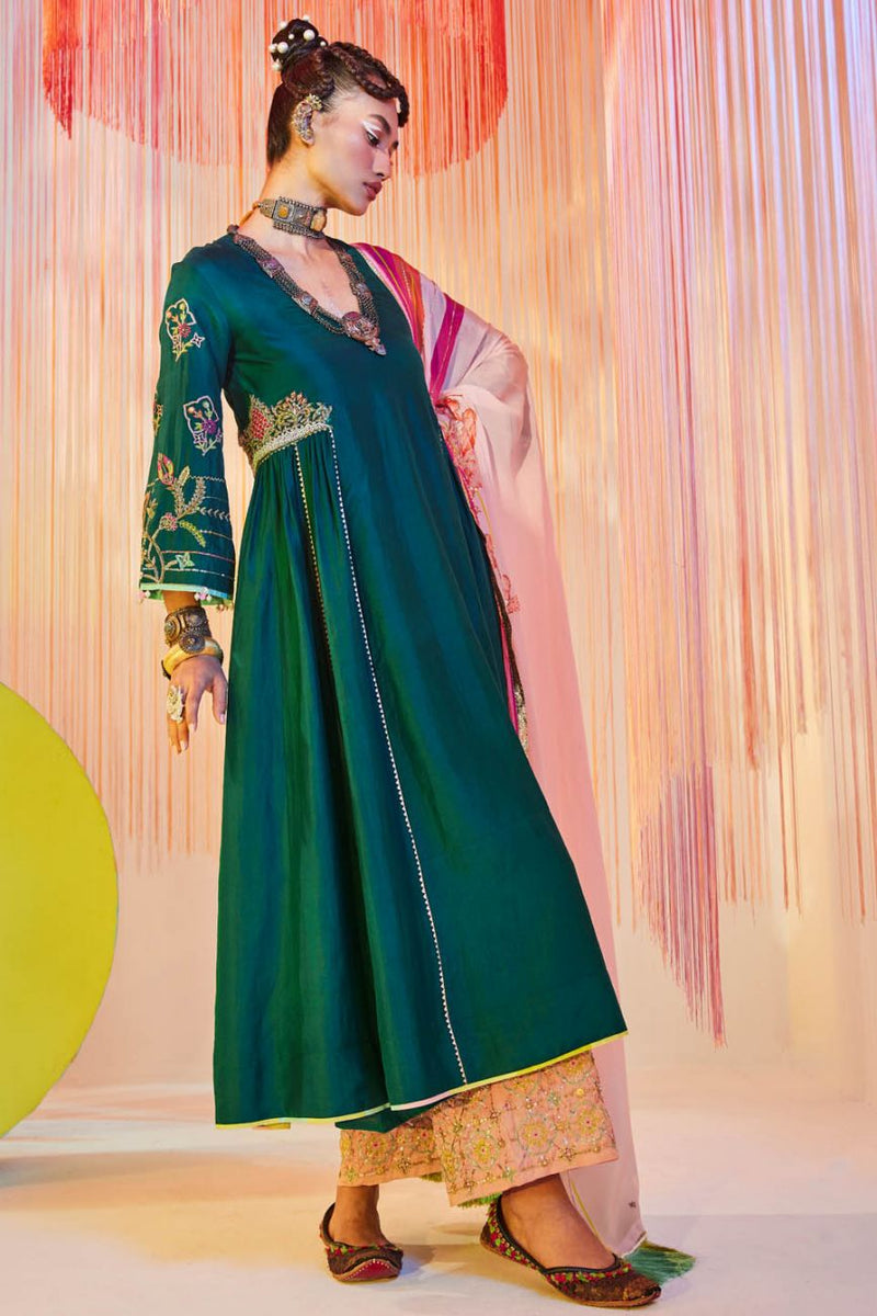 TEAL GREEN SIDE KALI KURTA SET Kurta Sets by Rajiramniq for women in Singapore