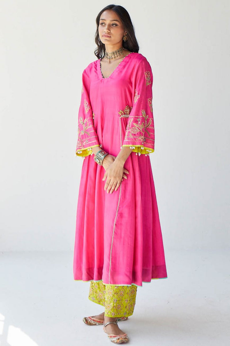 HOT PINK SIDE KALI KURTA SET Kurta Sets by Rajiramniq for women in Singapore