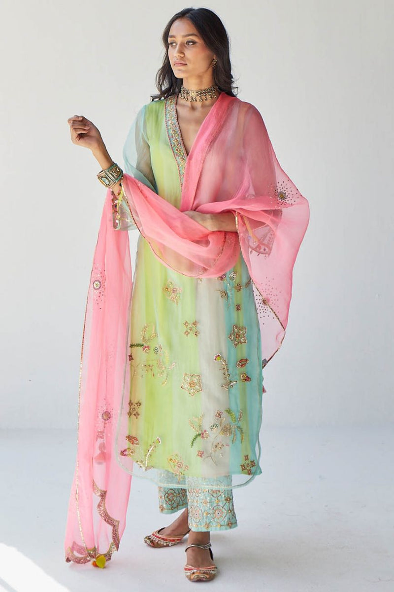POWDER BLUE JAAL ORGANZA KURTA SET Kurta Sets by Rajiramniq for women in Singapore