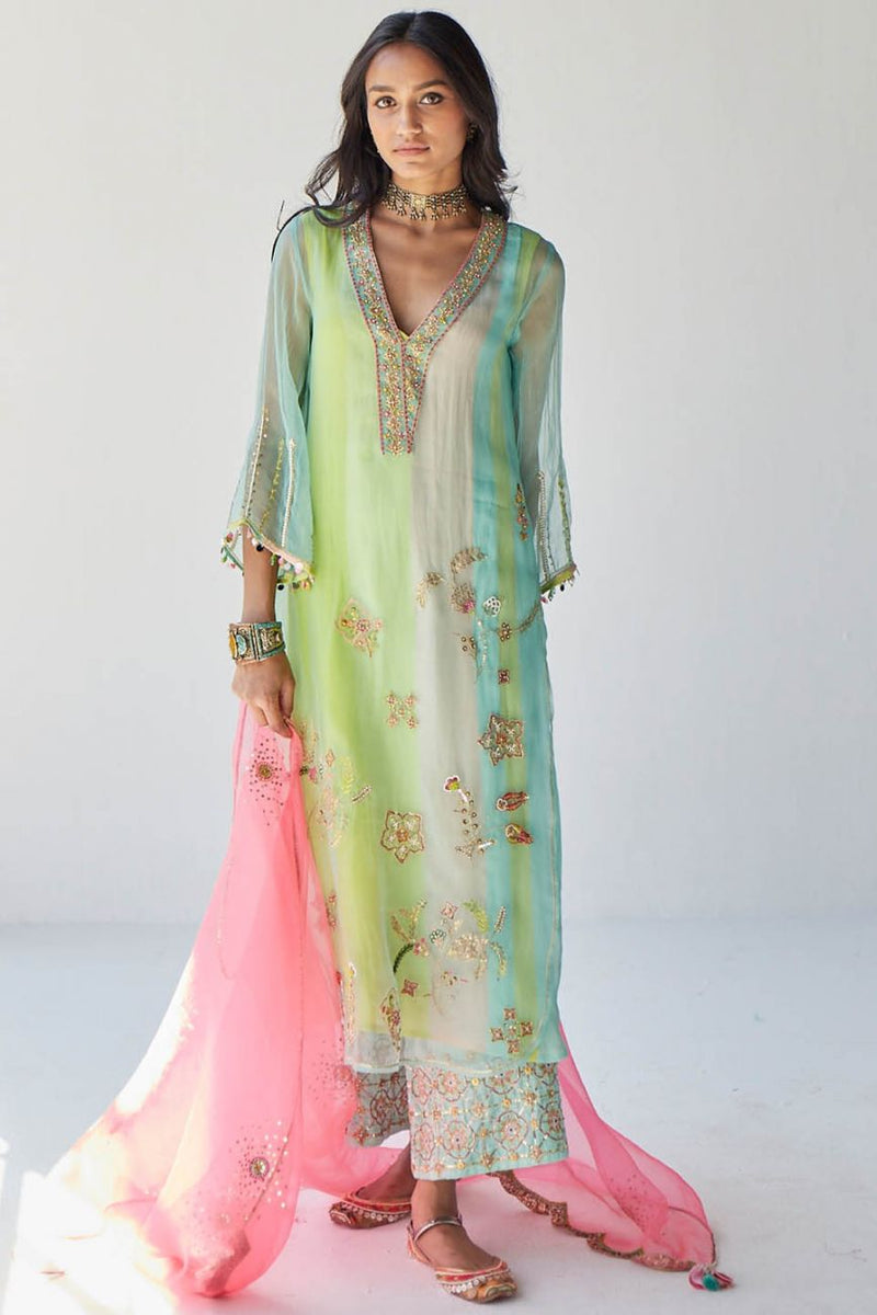 POWDER BLUE JAAL ORGANZA KURTA SET Kurta Sets by Rajiramniq for women in Singapore