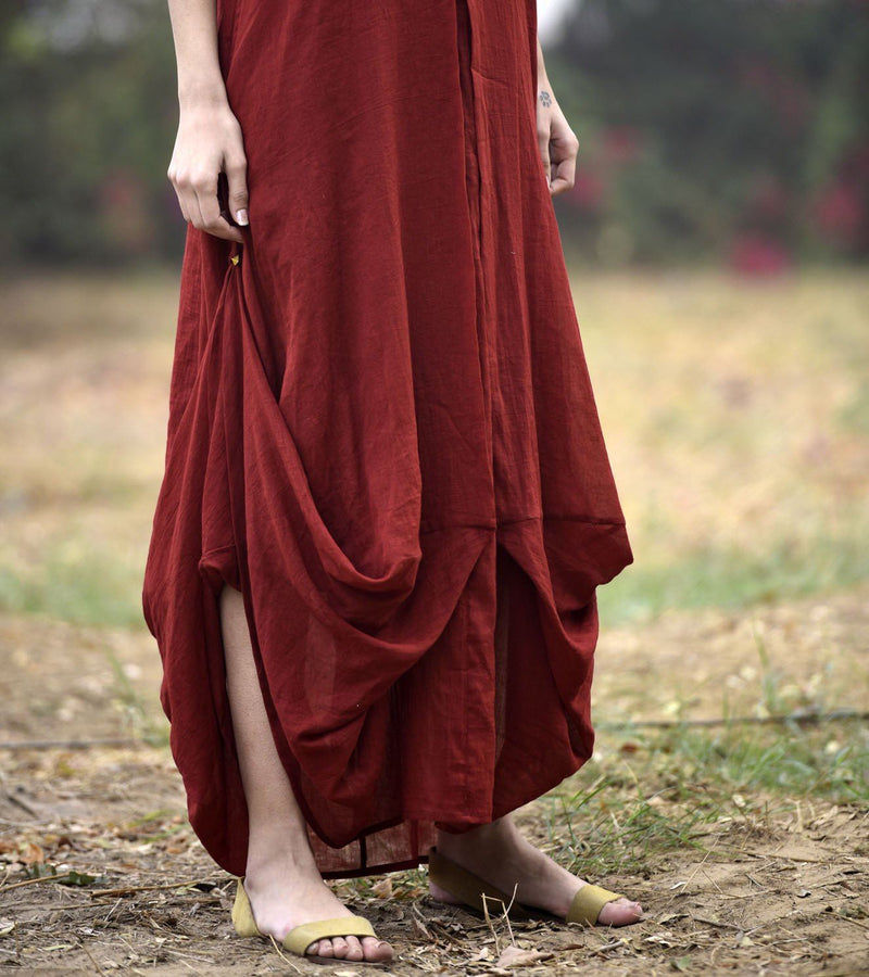 DEEP RED LOVE COWL AND DRAPE DRESS Dress by Khara Kapas in red for women in Singapore