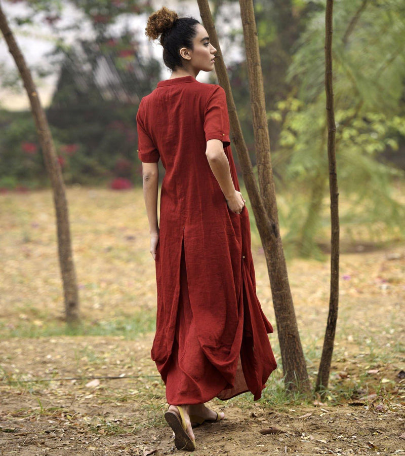 DEEP RED LOVE COWL AND DRAPE DRESS Dress by Khara Kapas in red for women in Singapore