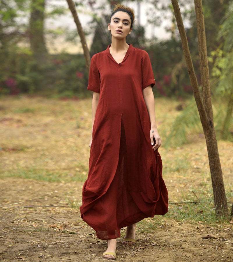 DEEP RED LOVE COWL AND DRAPE DRESS Dress by Khara Kapas in red for women in Singapore