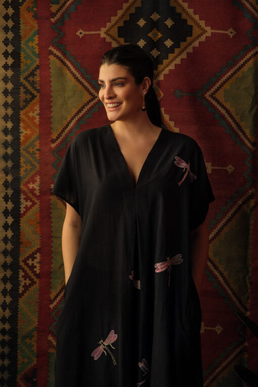 Dragon Fly Applique Embroidered Kaftan Black Dragon Fly Applique Embroidered Kaftan Black by Mallika Mathur by Mallika Mathur in black color for women in Singapore