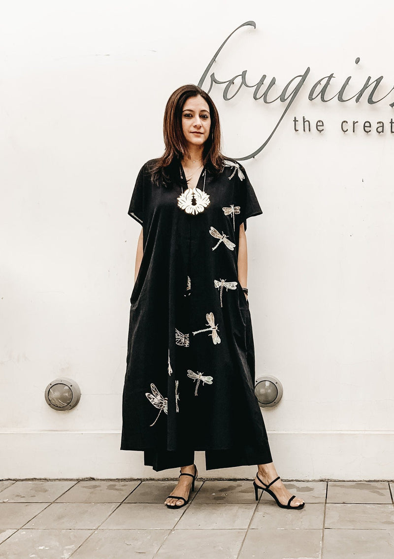 Dragon Fly Applique Embroidered Kaftan Black Dragon Fly Applique Embroidered Kaftan Black by Mallika Mathur by Mallika Mathur in black color for women in Singapore