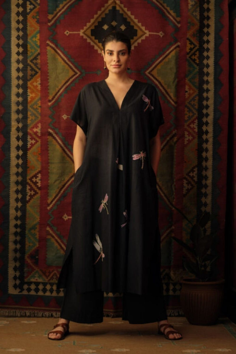 Dragon Fly Applique Embroidered Kaftan Black Dragon Fly Applique Embroidered Kaftan Black by Mallika Mathur by Mallika Mathur in black color for women in Singapore
