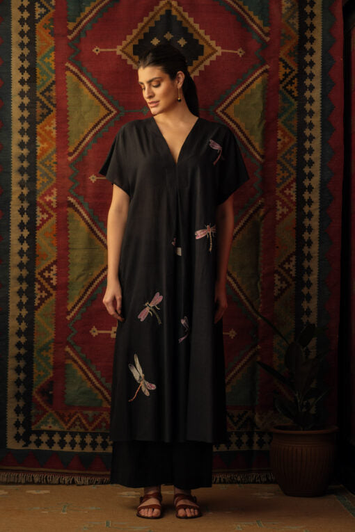 Dragon Fly Applique Embroidered Kaftan Black Dragon Fly Applique Embroidered Kaftan Black by Mallika Mathur by Mallika Mathur in black color for women in Singapore