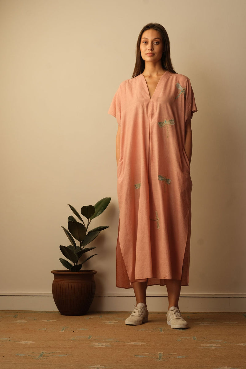 Dragon Fly Appliqué Embroidered Kaftan - Blush Dragon Fly Applique Embroidered Kaftan by Mallika Mathur by Mallika Mathur for women in Singapore