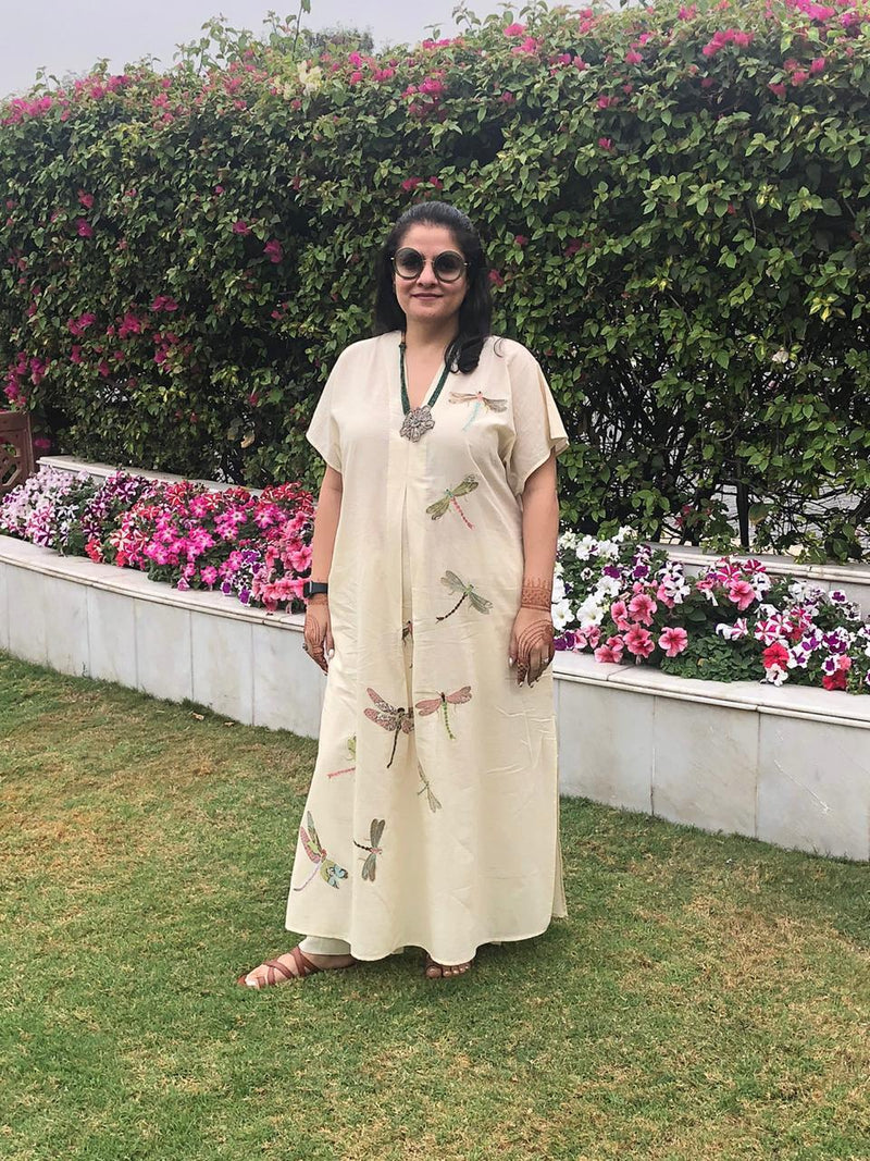 Dragon Fly Applique Embroidered Kaftan White Dragon Fly Applique Embroidered Kaftan White by Mallika Mathur by Mallika Mathur in white color for women in Singapore