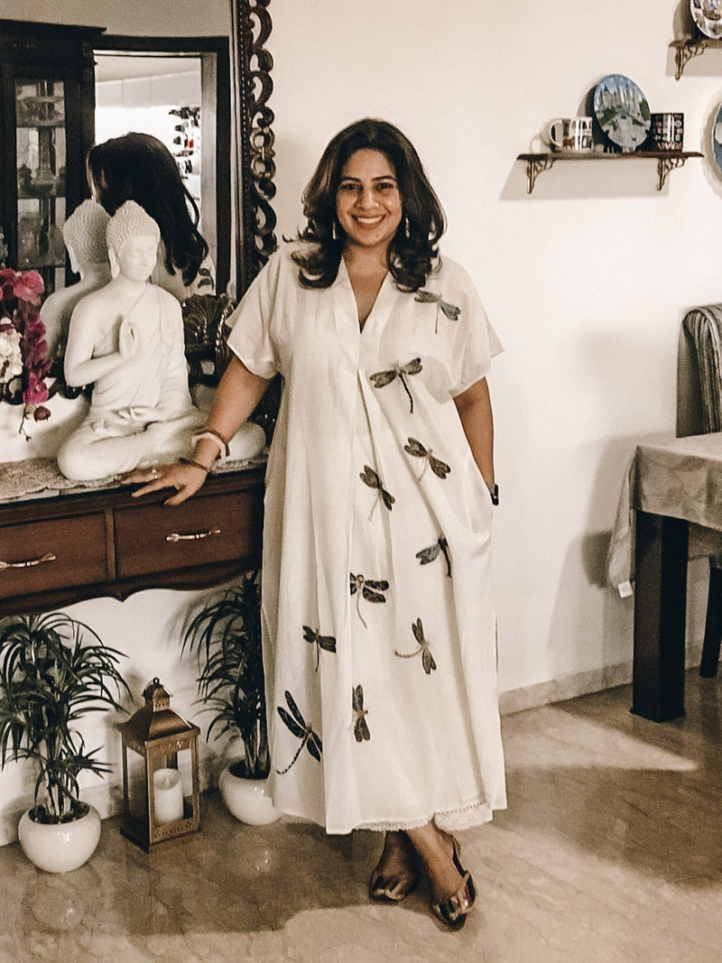 Dragon Fly Applique Embroidered Kaftan White Dragon Fly Applique Embroidered Kaftan White by Mallika Mathur by Mallika Mathur in white color for women in Singapore