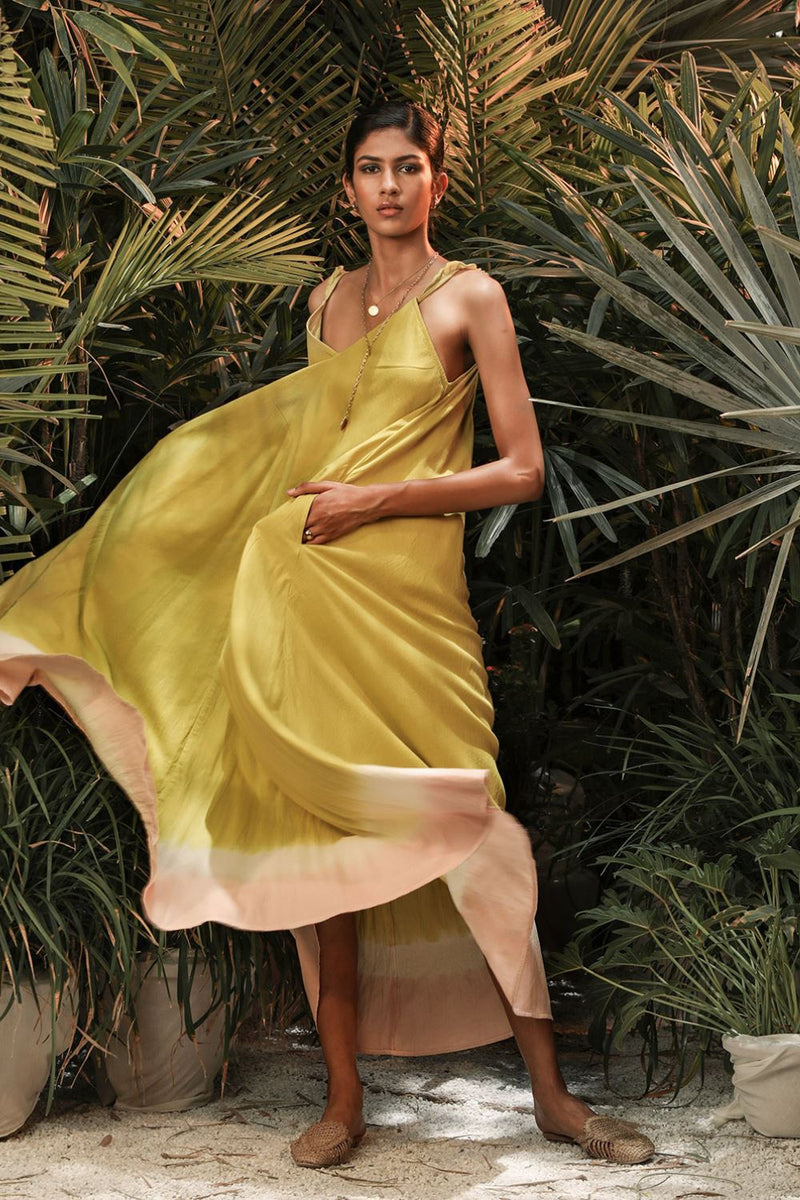 Eastern Sunrise Dress by Khara Kapas in green for women in Singapore