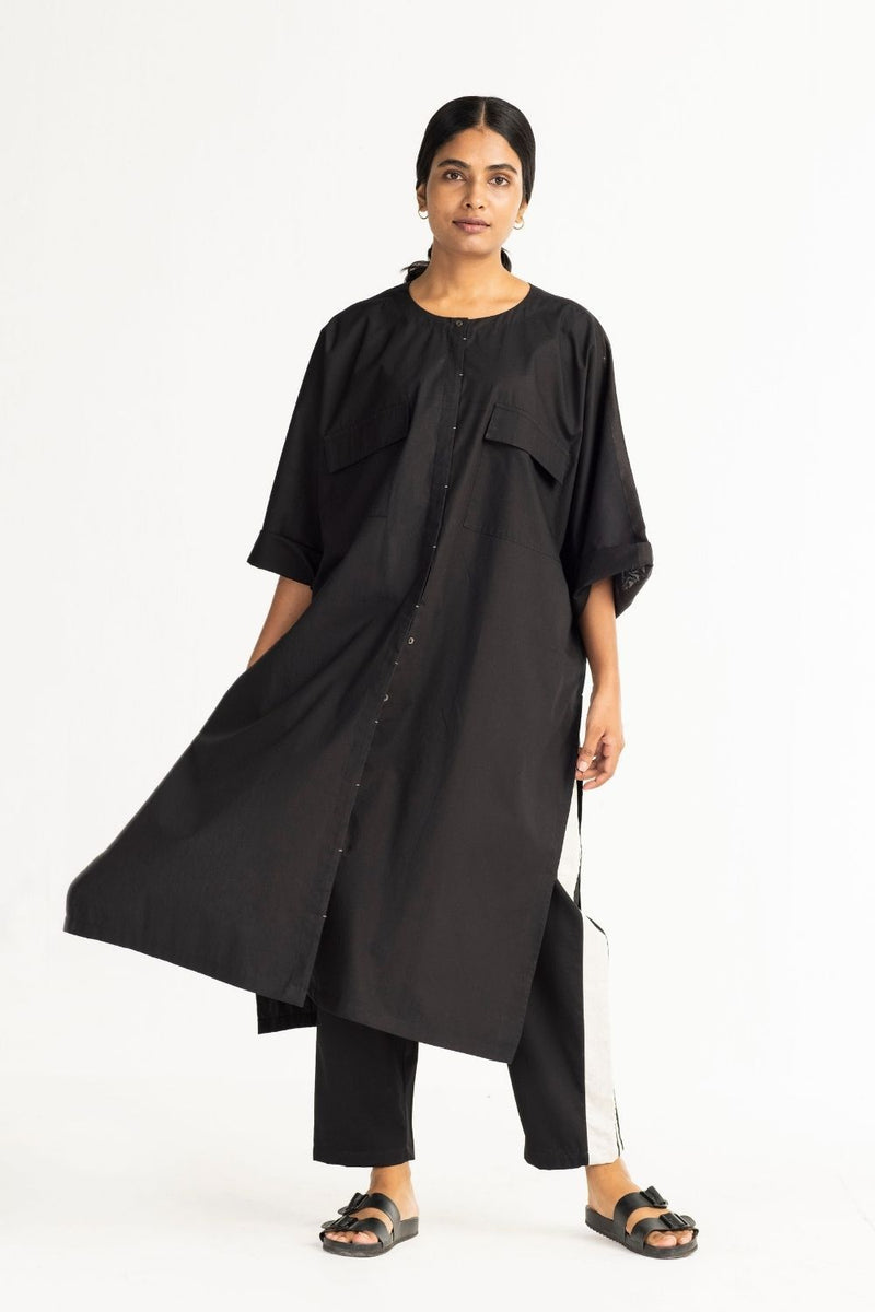 Flap Pocket Shirt - Black linen by THREE in black color for women in Singapore
