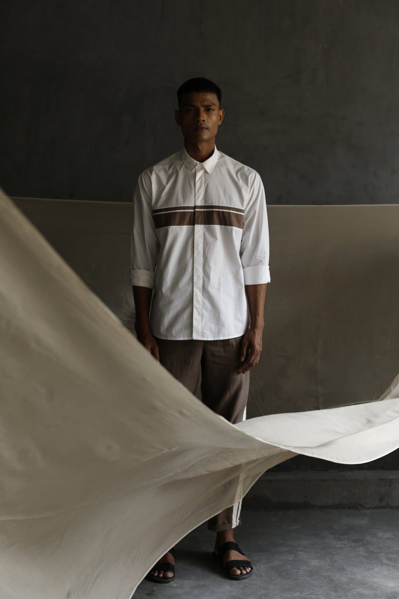 Front Applique Stripe Shirt Co-ord - White Co-ord Set by THREE Men for men in Singapore