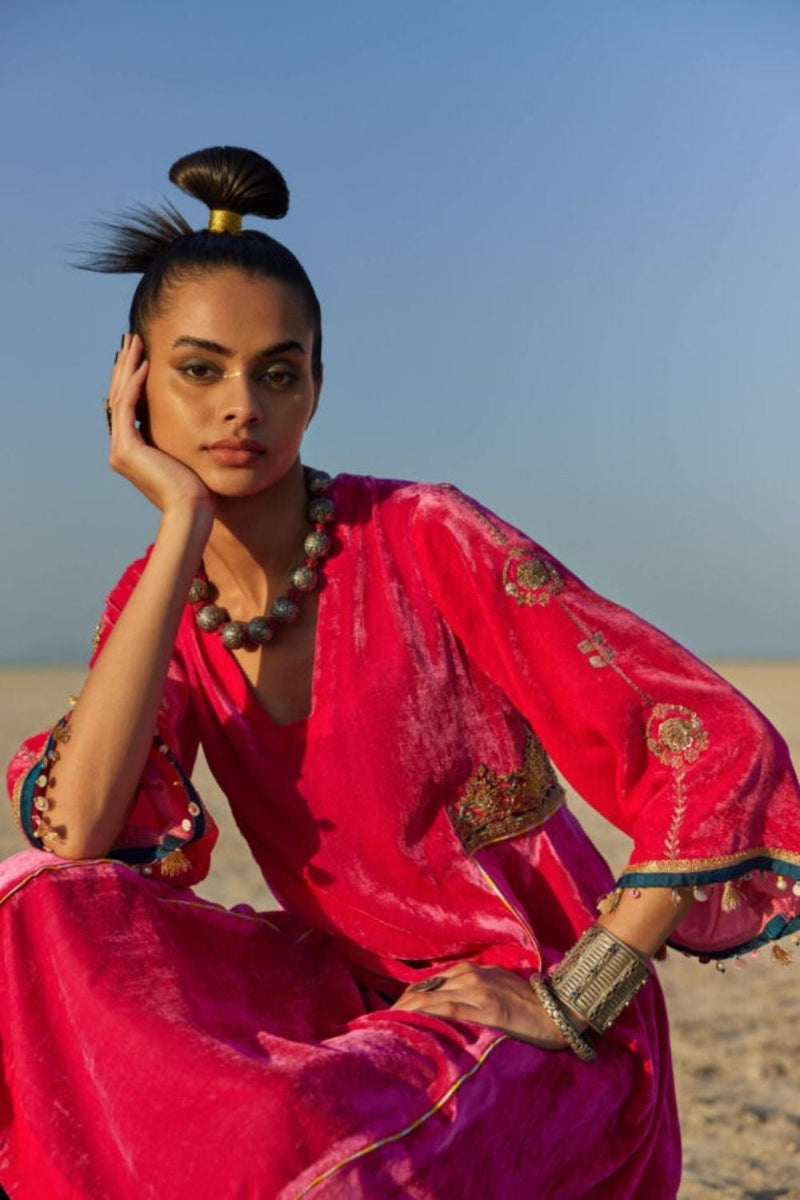 FUSHIA SIDE KALI SILK VELVET KURTA SET Kurta Sets by Rajiramniq for women in Singapore