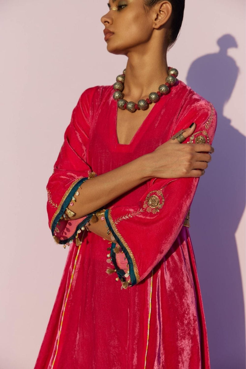 FUSHIA SIDE KALI SILK VELVET KURTA SET Kurta Sets by Rajiramniq for women in Singapore