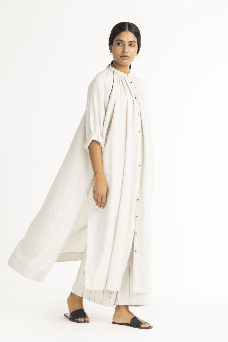 Gather Neck Shirt- Beige linen Top & Tunics by THREE in white color for women in Singapore