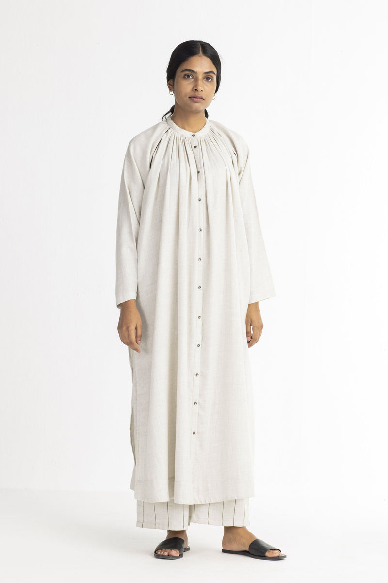 Gather Neck Shirt- Beige linen Top & Tunics by THREE in white color for women in Singapore