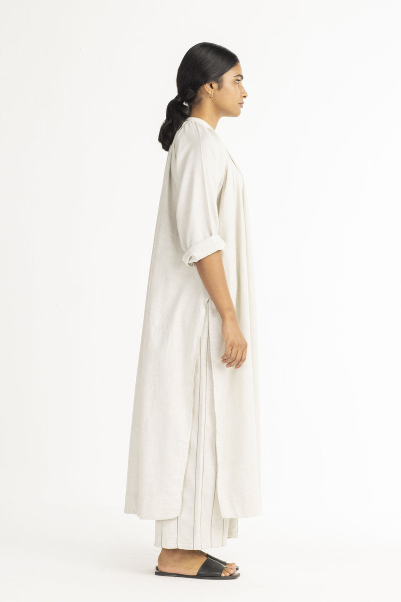 Gather Neck Shirt- Beige linen Top & Tunics by THREE in white color for women in Singapore