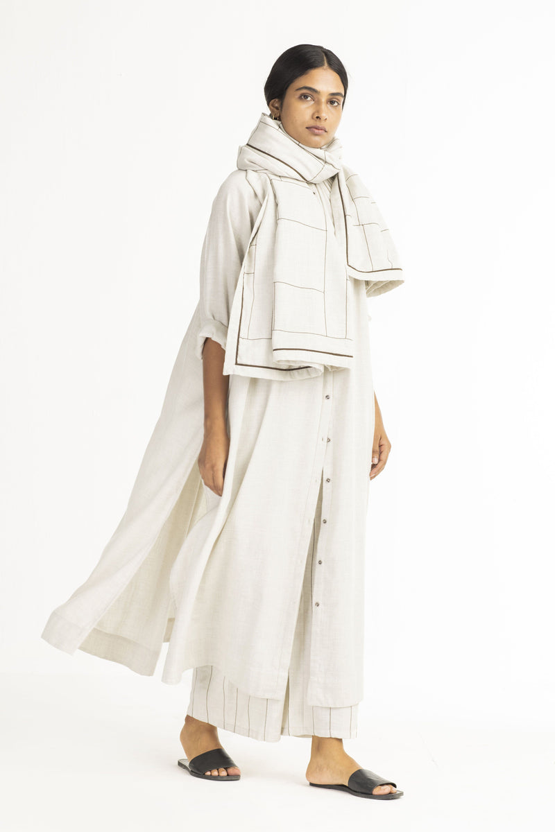 Gather Neck Shirt Co-ord- Beige (Set Of 3) linen Co-ord Set by THREE in white color for women in Singapore
