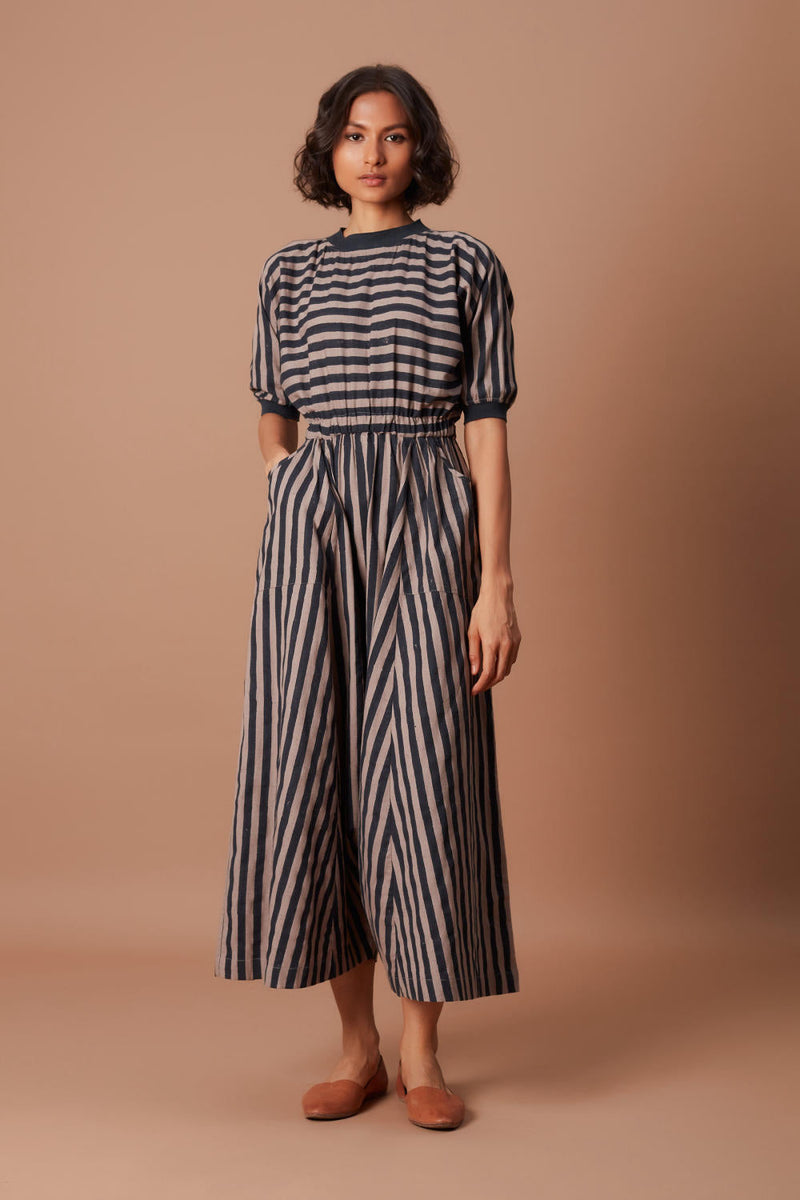Grey and Charcoal Striped Mati Sphara Jumpsuit Jumpsuits by Mati for women in Singapore