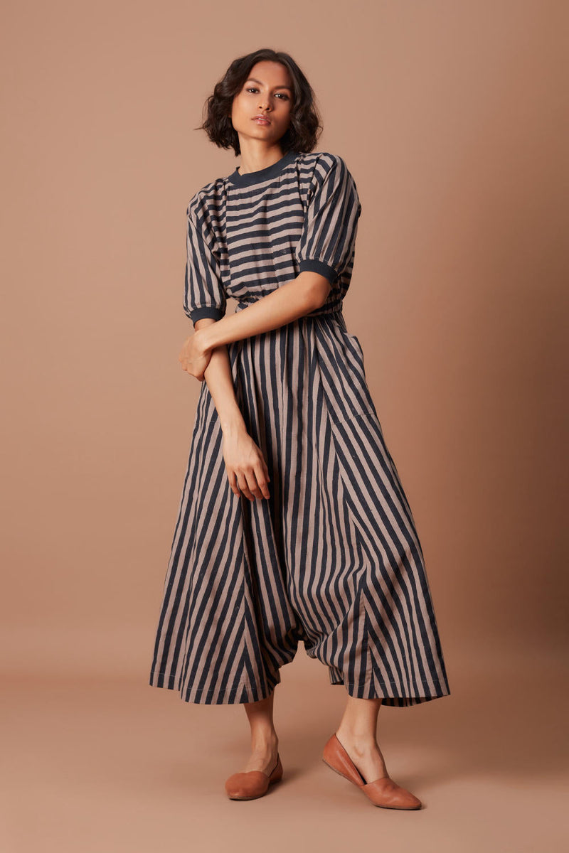 Grey and Charcoal Striped Mati Sphara Jumpsuit Jumpsuits by Mati for women in Singapore