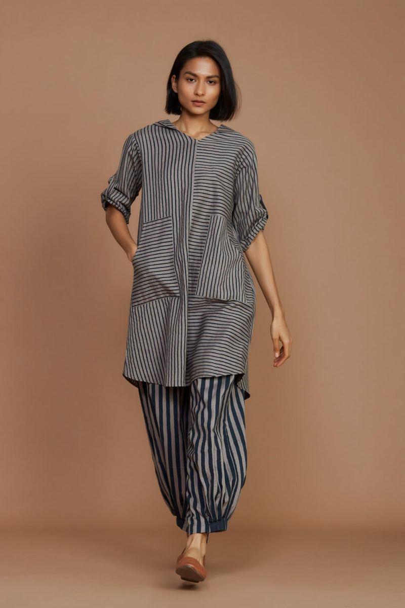 Grey With Charcoal Striped Hooded Co-Ord Set Co-ord Set,Dress by Mati for women in Singapore