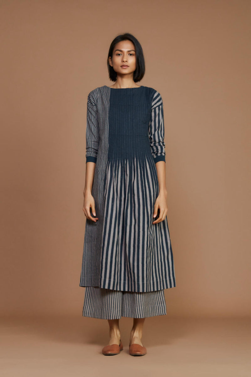 Grey With Charcoal Striped Pleated Co-Ord Set Co-ord Set by Mati for women in Singapore