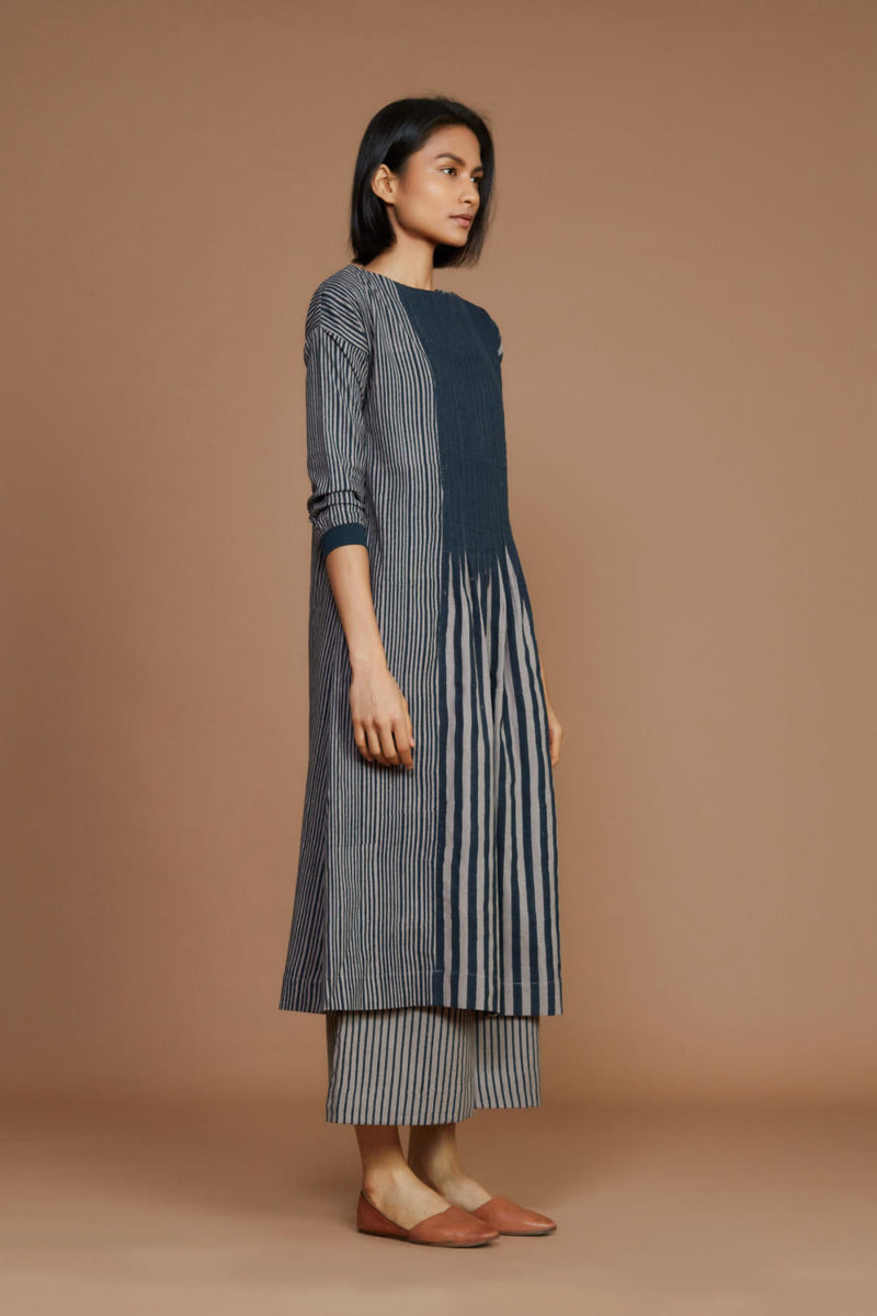 Grey With Charcoal Striped Pleated Co-Ord Set Co-ord Set by Mati for women in Singapore