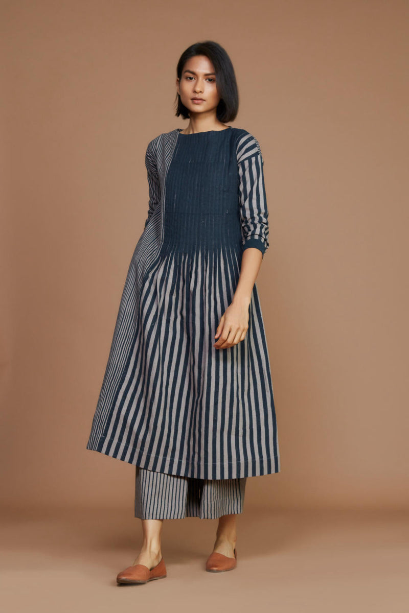 Grey With Charcoal Striped Pleated Co-Ord Set Co-ord Set by Mati for women in Singapore