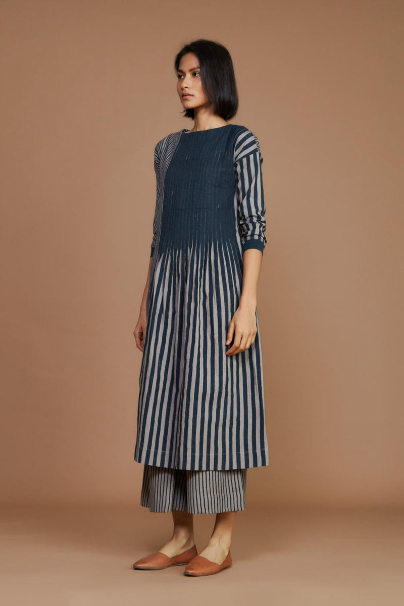 Grey With Charcoal Striped Pleated Co-Ord Set Co-ord Set by Mati for women in Singapore