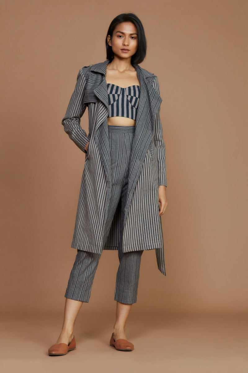 Grey with Charcoal Striped Trench & Corset Co-Ord Set Co-ord Set by Mati for women in Singapore