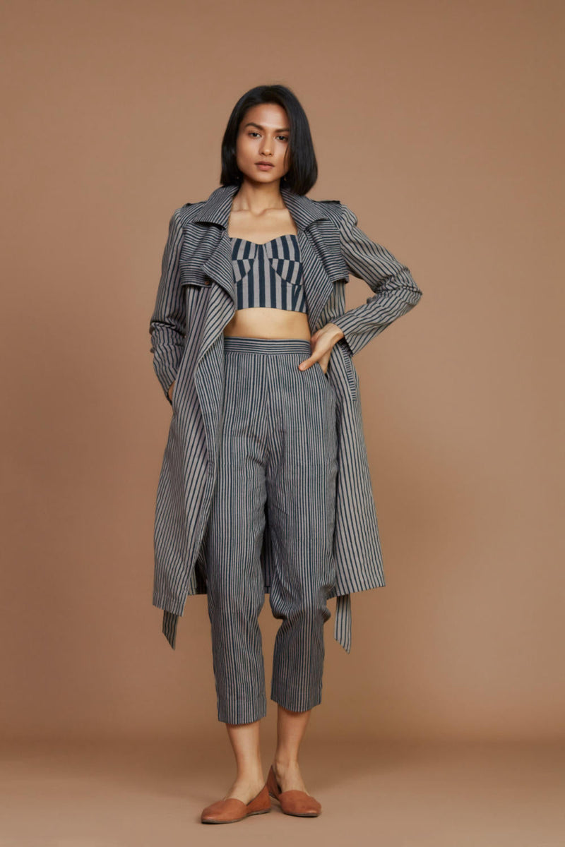 Grey with Charcoal Striped Trench & Corset Co-Ord Set Co-ord Set by Mati for women in Singapore