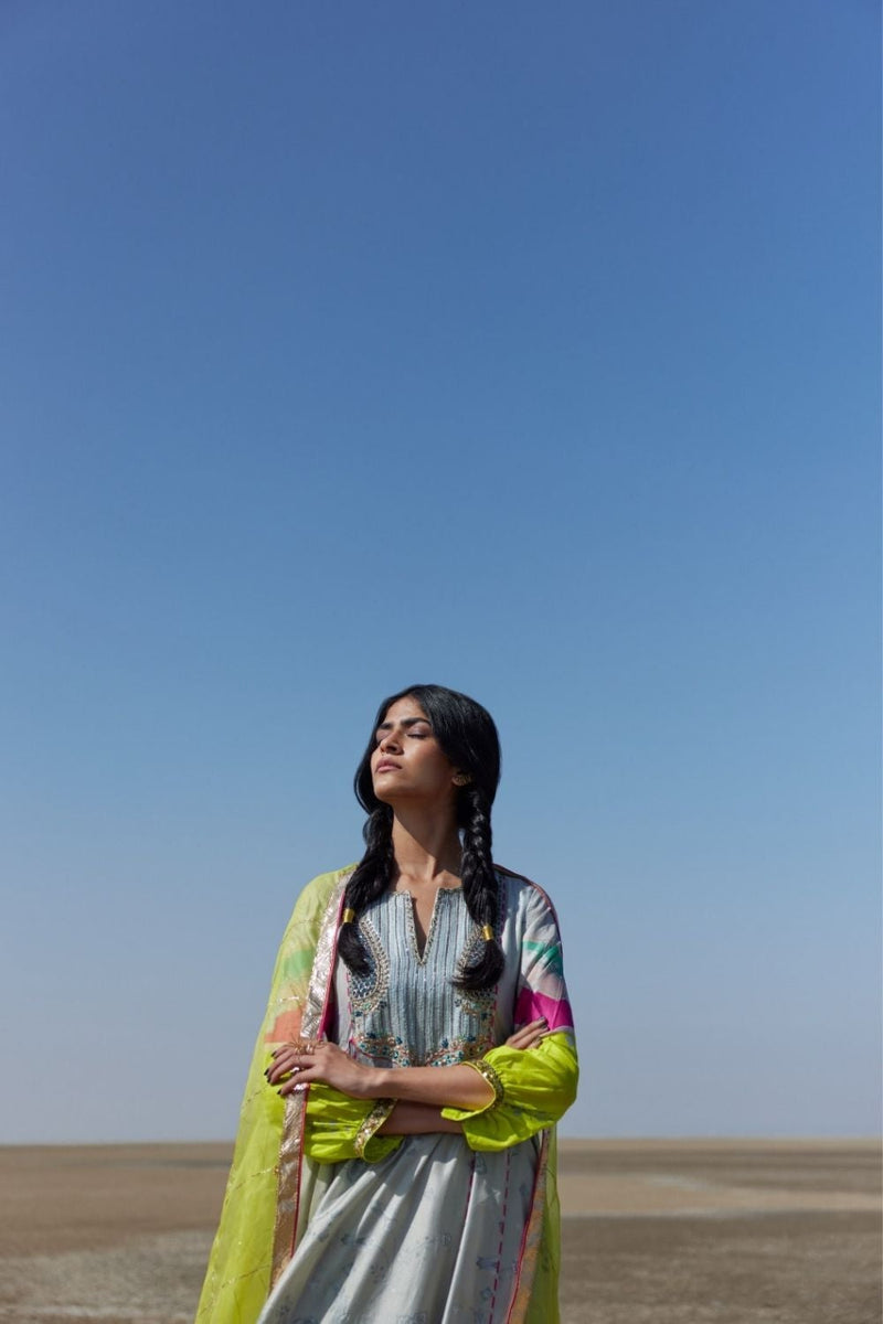 GREY YOKE SIDE KALI KURTA SET Kurta Sets by Rajiramniq for women in Singapore