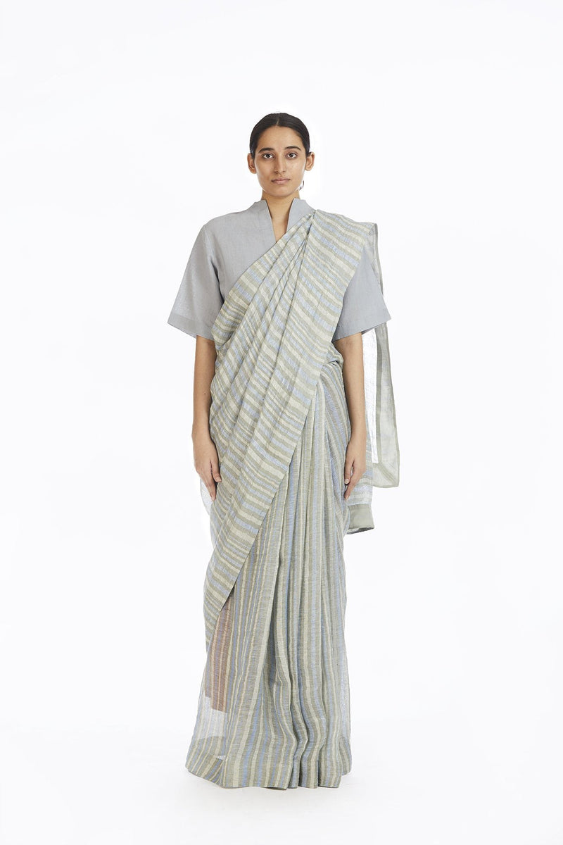 Handwoven African Striped Linen Saree linen Sarees by Akaaro for women in Singapore