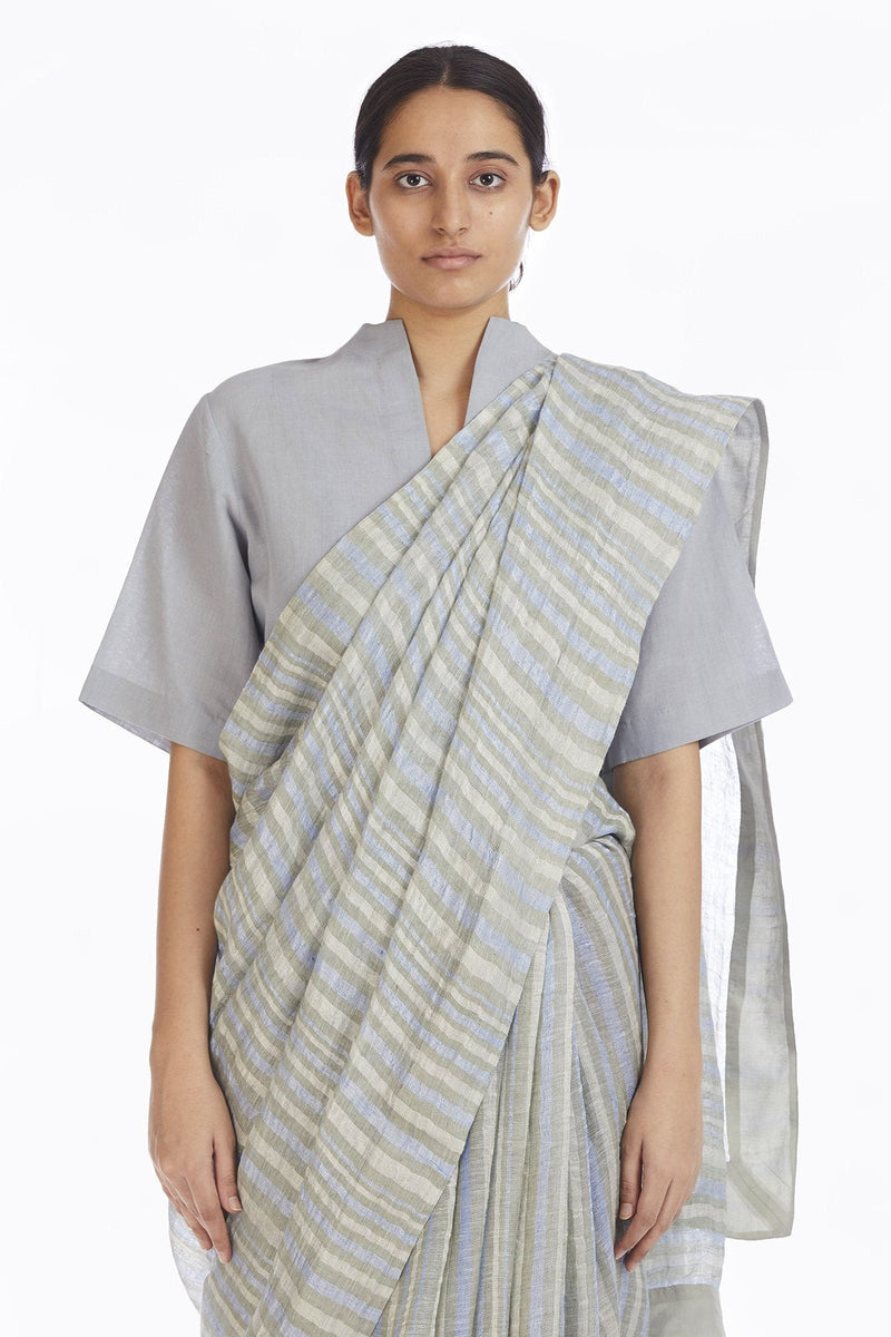Handwoven African Striped Linen Saree linen Sarees by Akaaro for women in Singapore